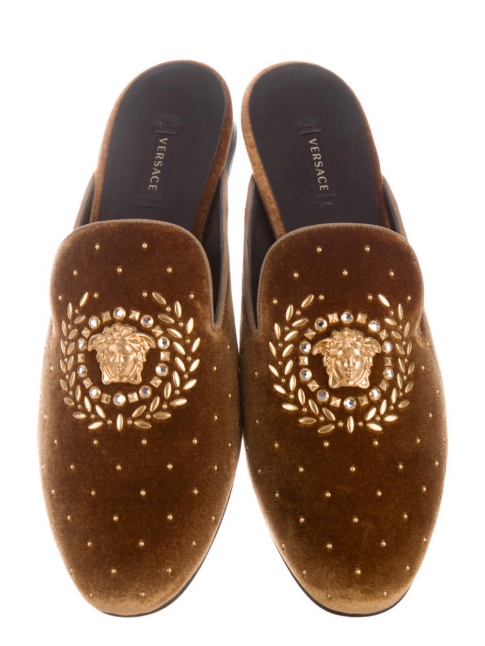 Versace Brown Velvet Medusa Laurel Embellished Slip-On Loafers